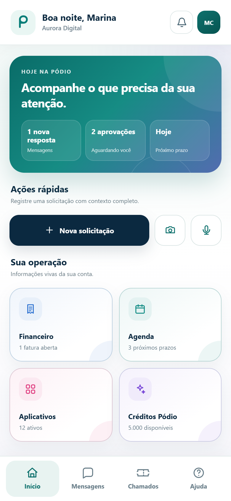 Painel principal do App Pódio