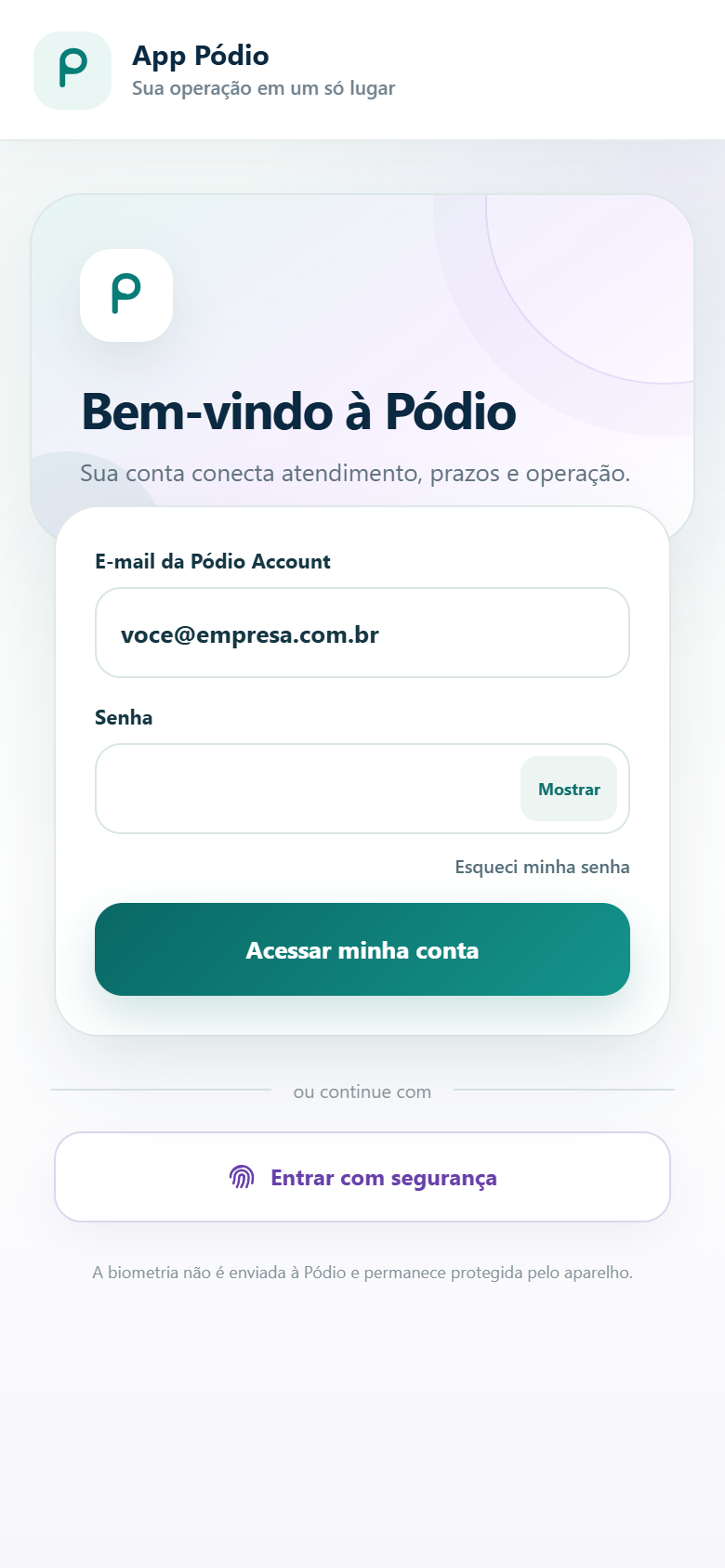 Tela de entrada do App Pódio com Pódio Account e acesso seguro