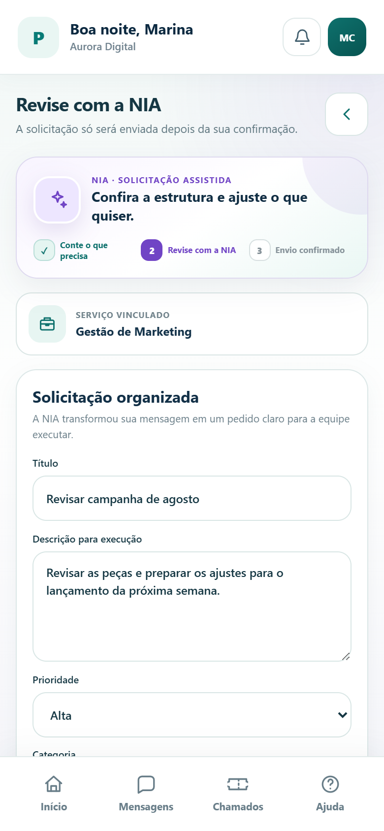 Etapa de revisão com a NIA antes de enviar uma solicitação ao Pódio Experts