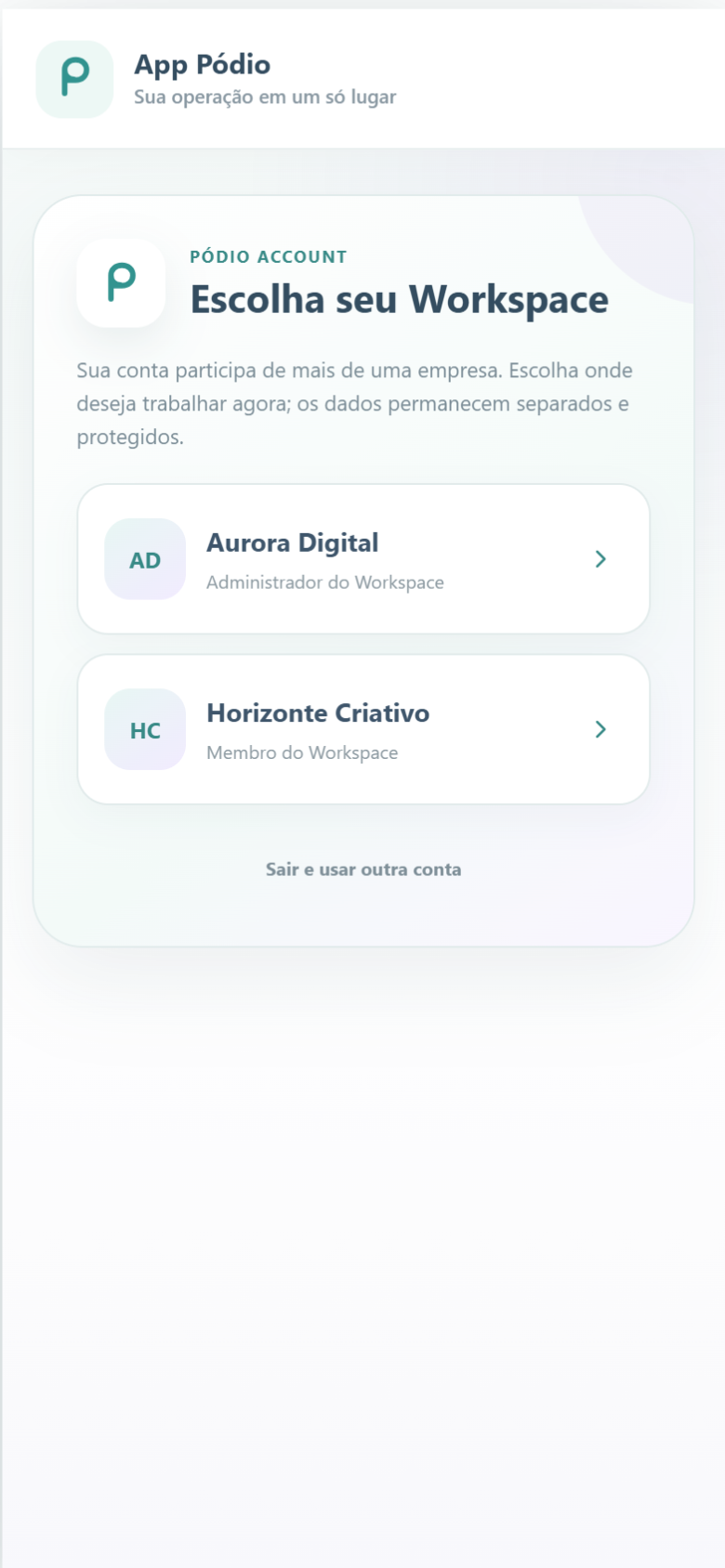 Seleção de Workspace no App Pódio